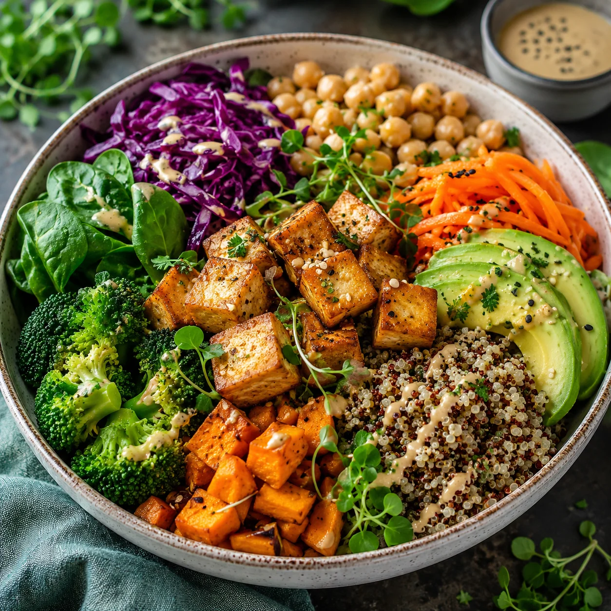 A colorful vegan grain bowl with roasted vegetables